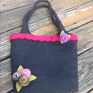 Black Felted Wool Floral Nepal Purse Slouch Bag Hobo Handmade Vintage 80s